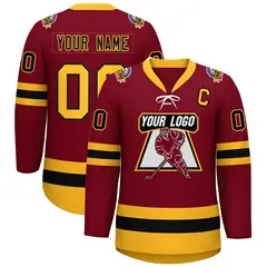 Crimson Black-Gold Lace-Up Neck Hockey Jersey