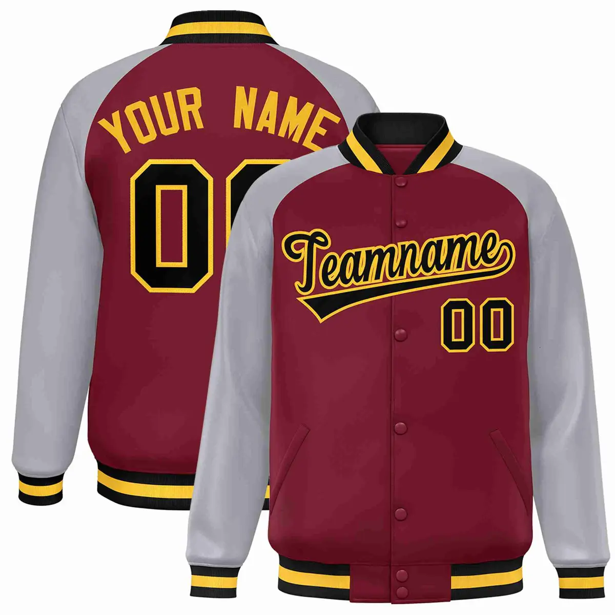 Crimson Black-Gold Raglan Varsity Letterman Full-Snap Jacket