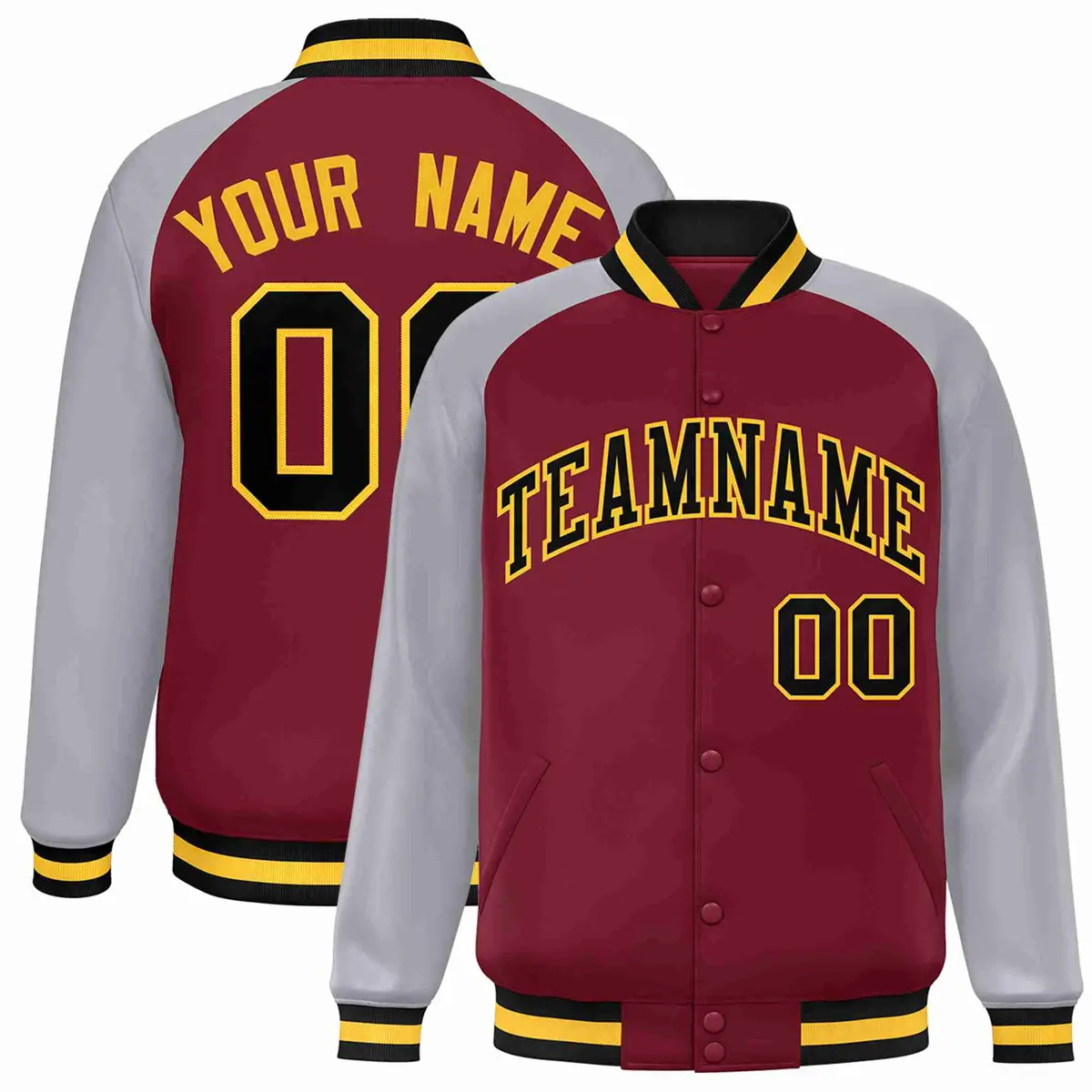 Crimson Black-Gold Raglan Varsity Letterman Full-Snap Jacket