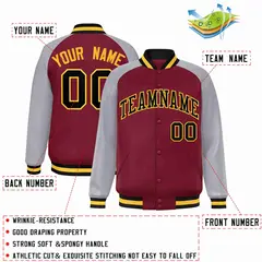 Crimson Black-Gold Raglan Varsity Letterman Full-Snap Jacket 2