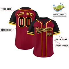 Crimson Black-Gold Stripe Raglan Two-Button Softball Jersey 2