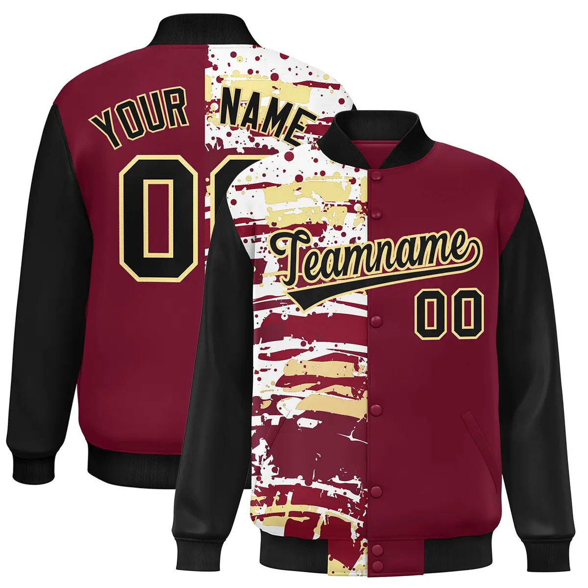 Crimson Black Graffiti Pattern Varsity Full-Snap Letterman Baseball Jacket
