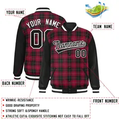 Crimson Black-Gray Plaid Varsity Letterman Baseball Jacket 2
