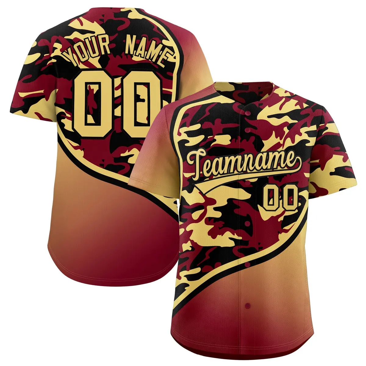 Crimson Black Khaki Camo Gradient Fashion Baseball Jersey