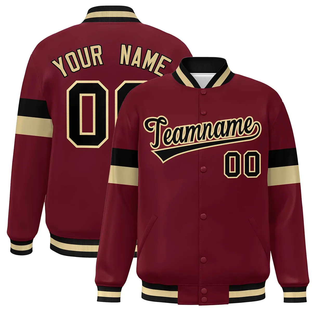 Crimson Black-Khaki Color Block Varsity Full-Snap Baseball Jacket