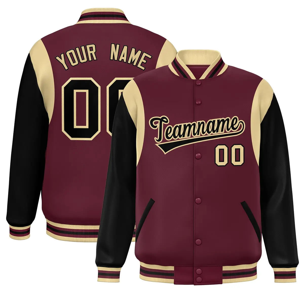 Crimson Black-Khaki Color Block Varsity Full-Snap Baseball Jacket