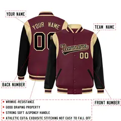 Crimson Black-Khaki Color Block Varsity Full-Snap Baseball Jacket 3