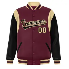 Crimson Black-Khaki Color Block Varsity Full-Snap Baseball Jacket 4