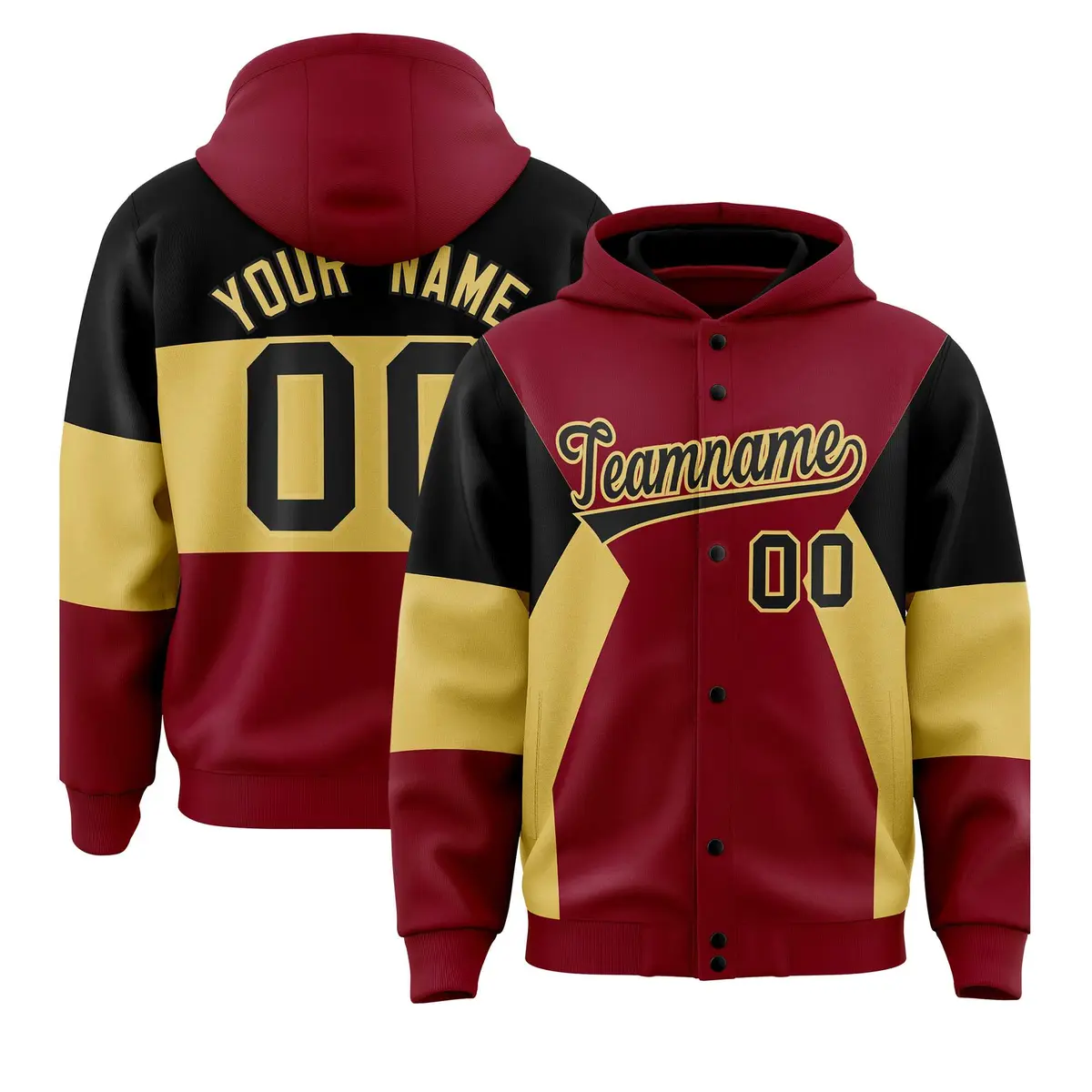 Crimson Black-Khaki Color Block Varsity Letterman Jacket Hoodie