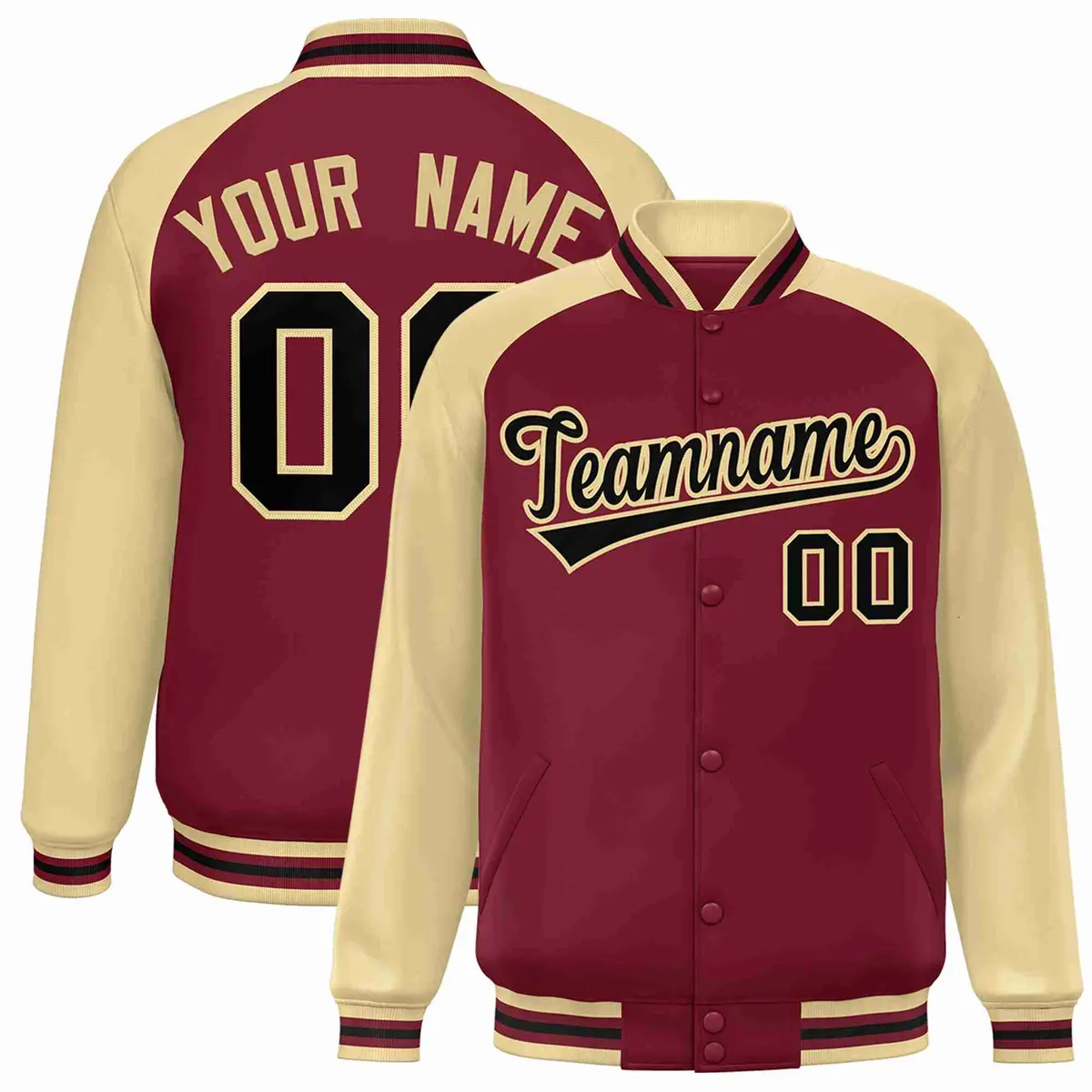 Crimson Black-Khaki Raglan Varsity Letterman Full-Snap Jacket