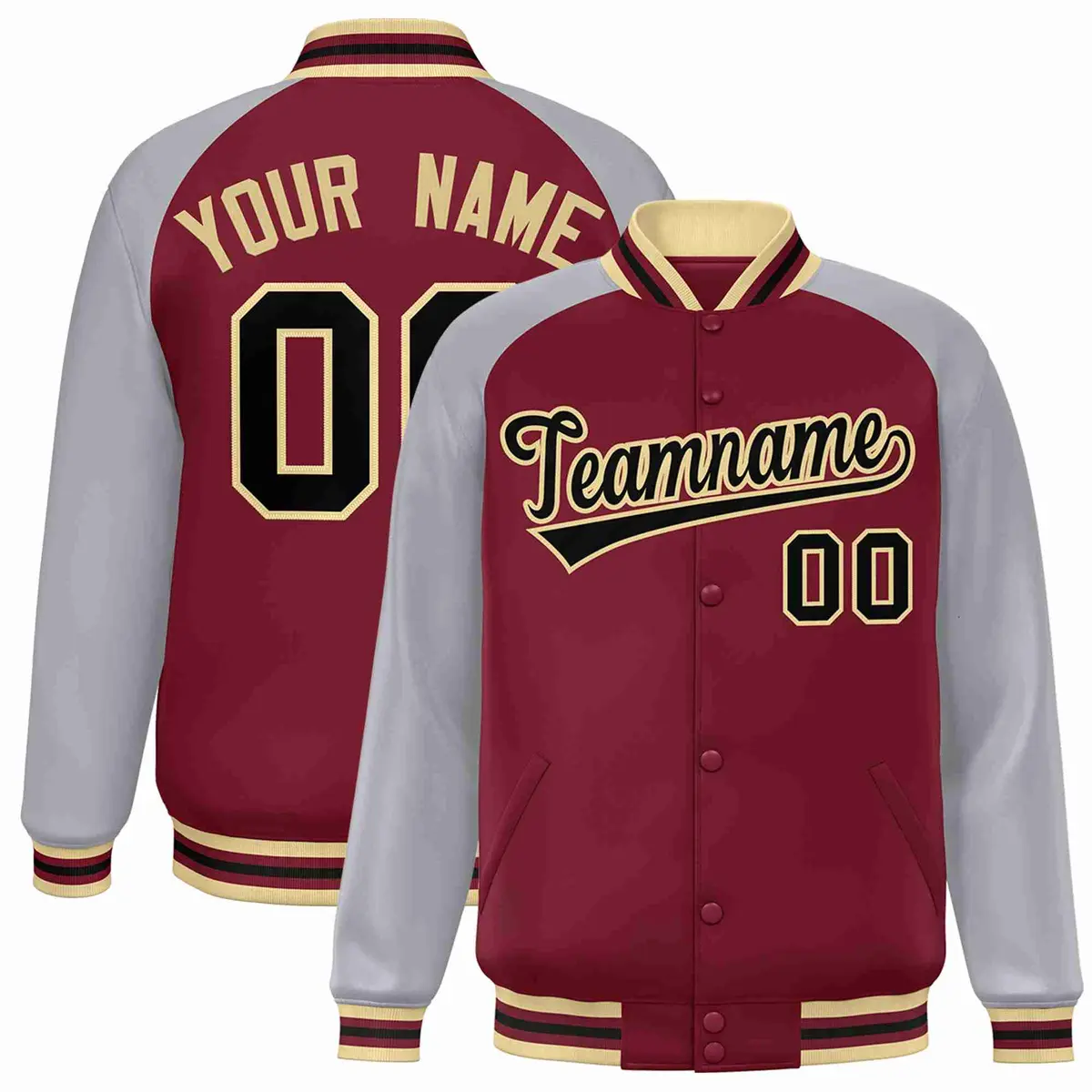 Crimson Black-Khaki Raglan Varsity Letterman Full-Snap Jacket