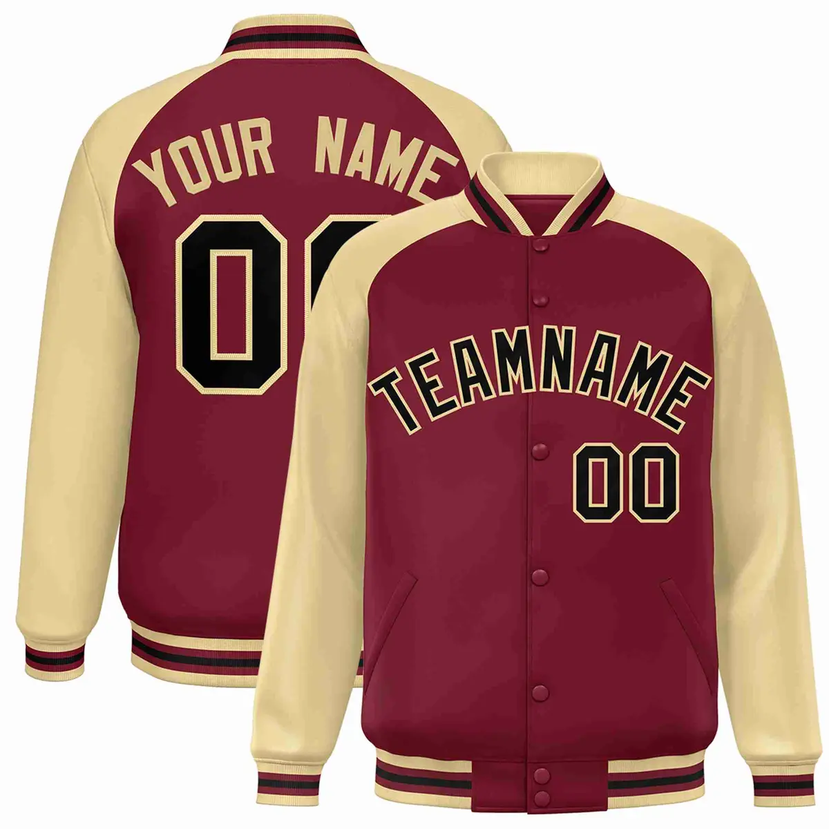 Crimson Black-Khaki Raglan Varsity Letterman Full-Snap Jacket