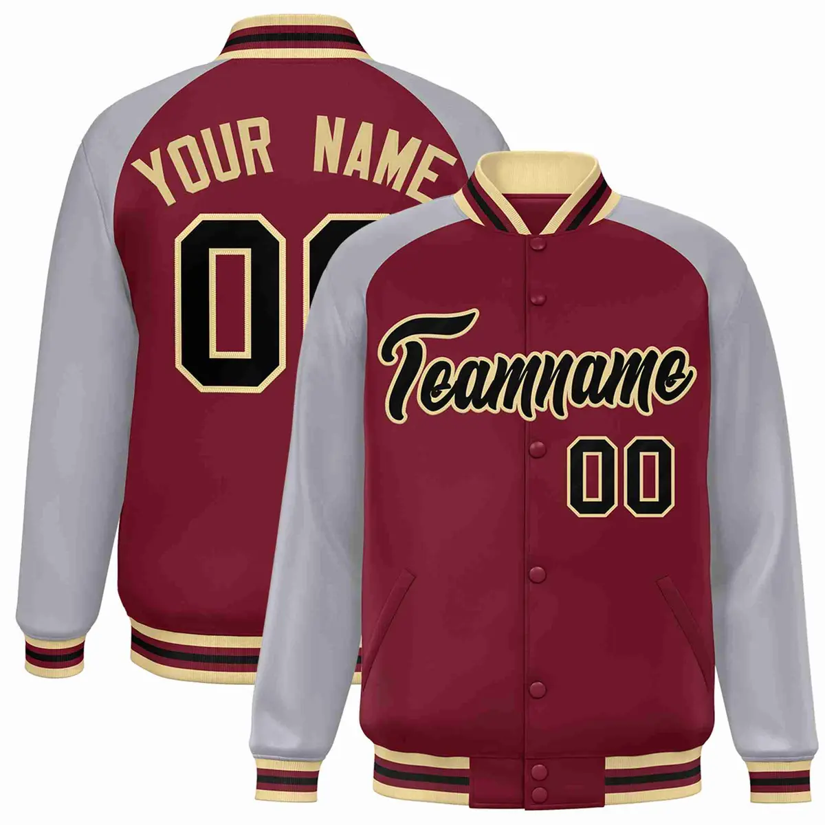 Crimson Black-Khaki Raglan Varsity Letterman Full-Snap Jacket