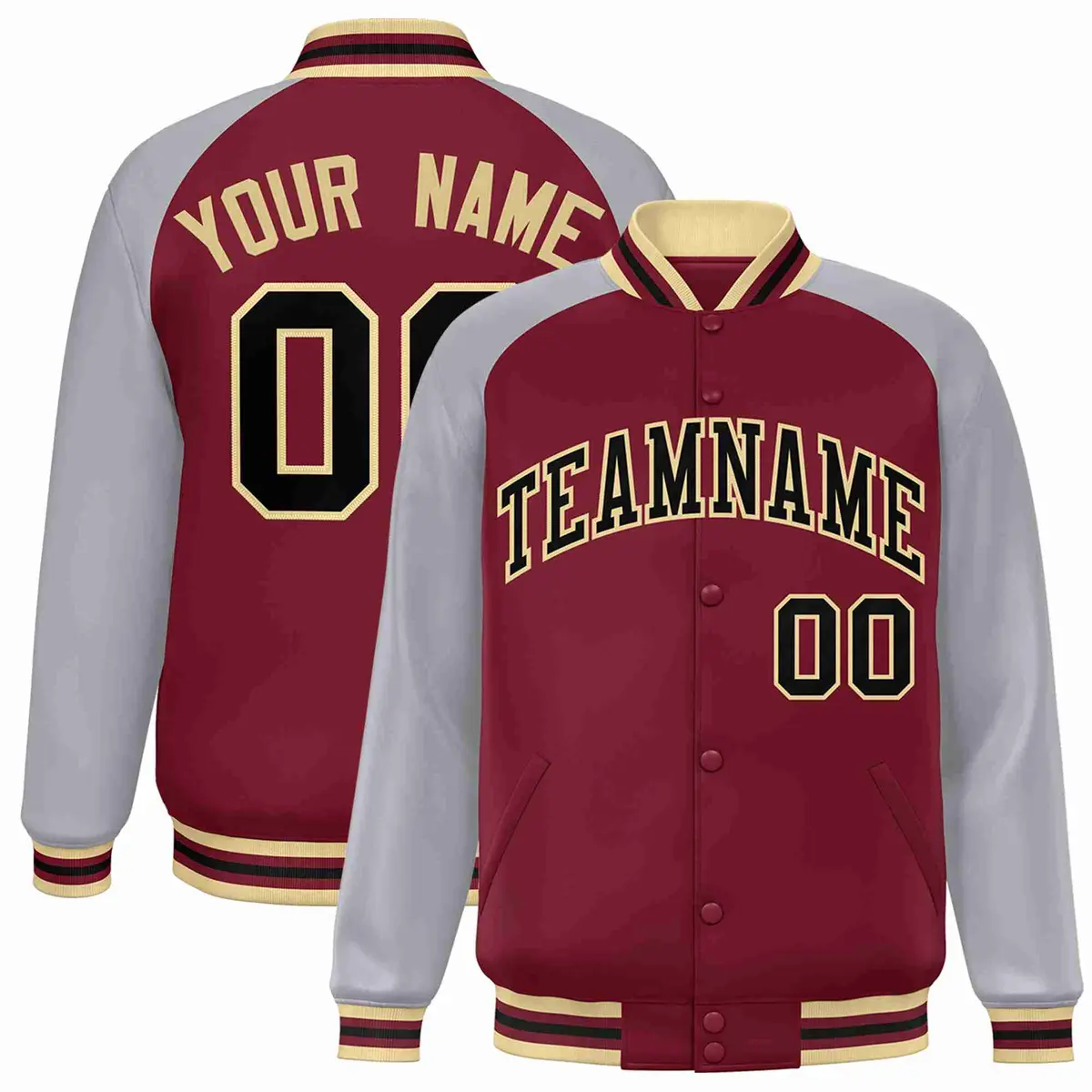 Crimson Black-Khaki Raglan Varsity Letterman Full-Snap Jacket