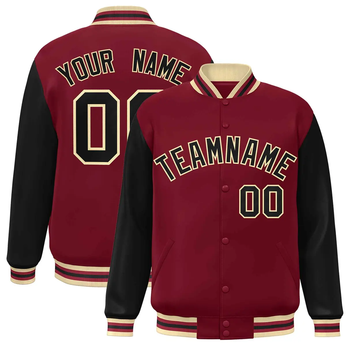 Crimson Black-Khaki Raglan Varsity Letterman Full-Snap Jacket