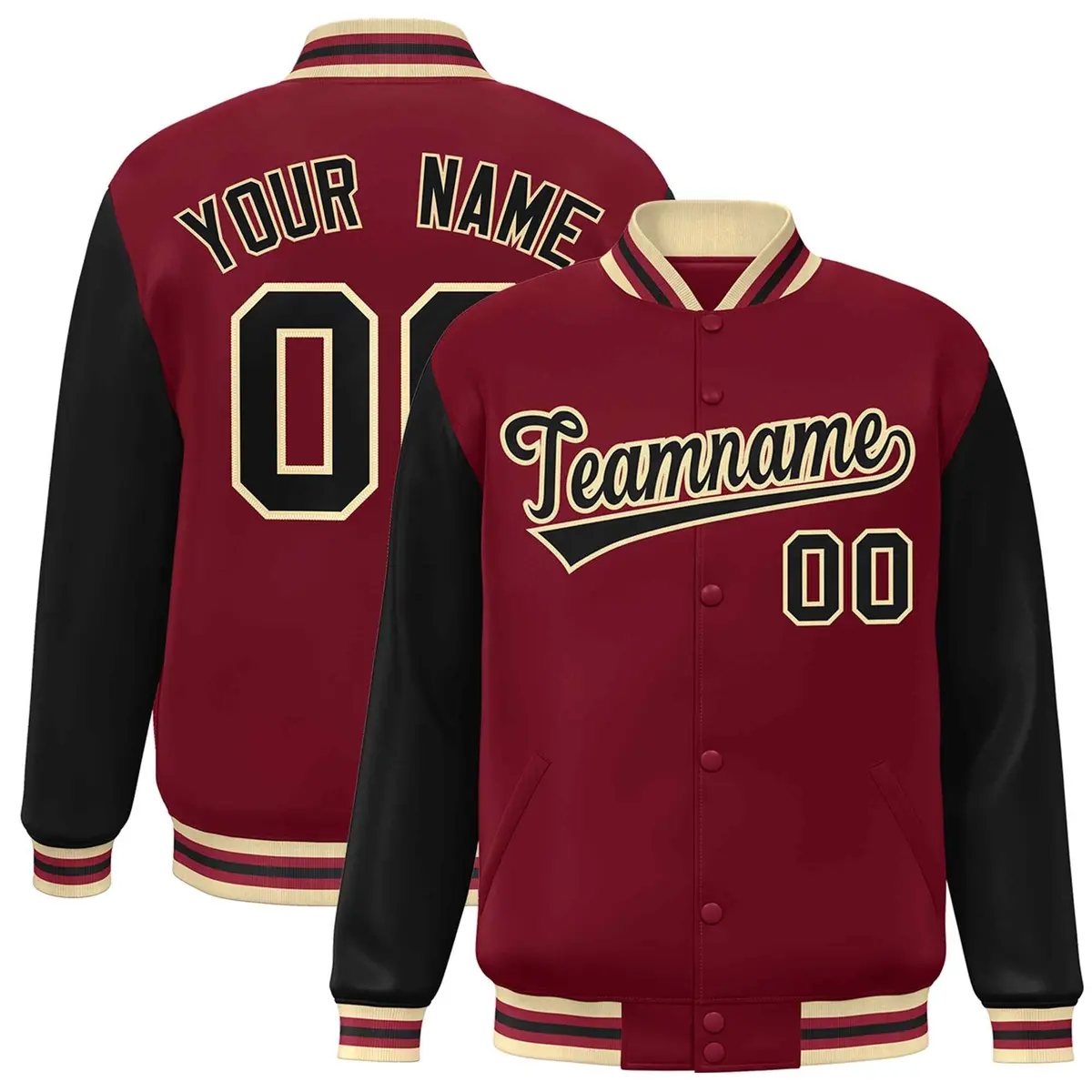 Crimson Black-Khaki Raglan Varsity Letterman Full-Snap Jacket