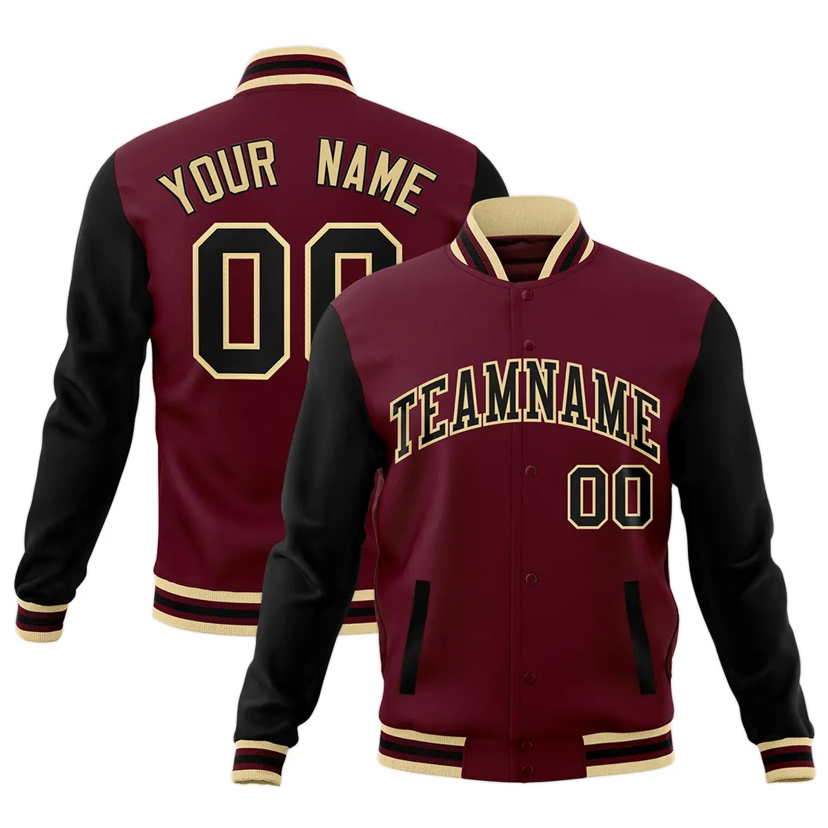 Crimson Black-Khaki Raglan Varsity Letterman Full-Snap Jacket
