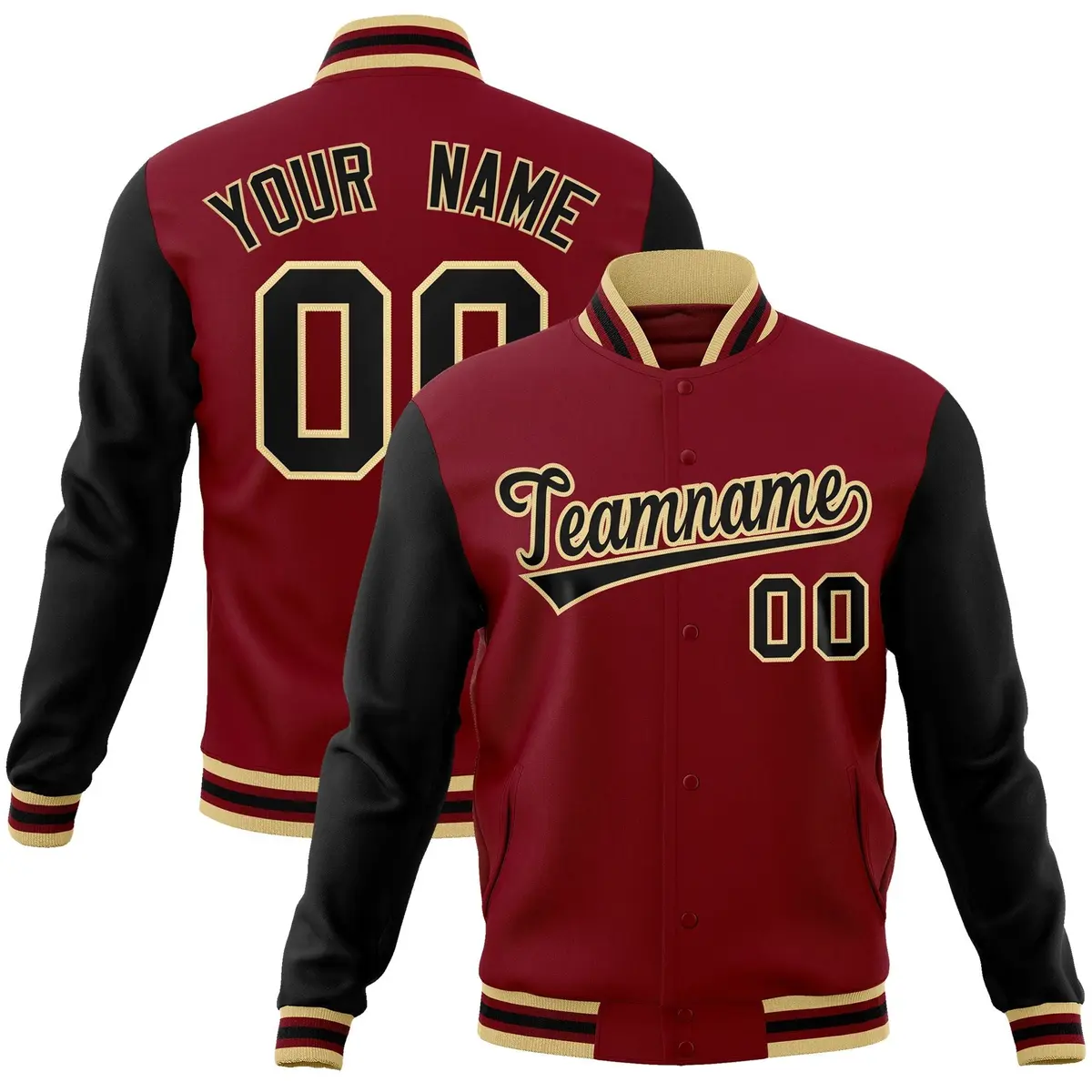 Crimson Black-Khaki Raglan Varsity Letterman Full-Snap Jacket