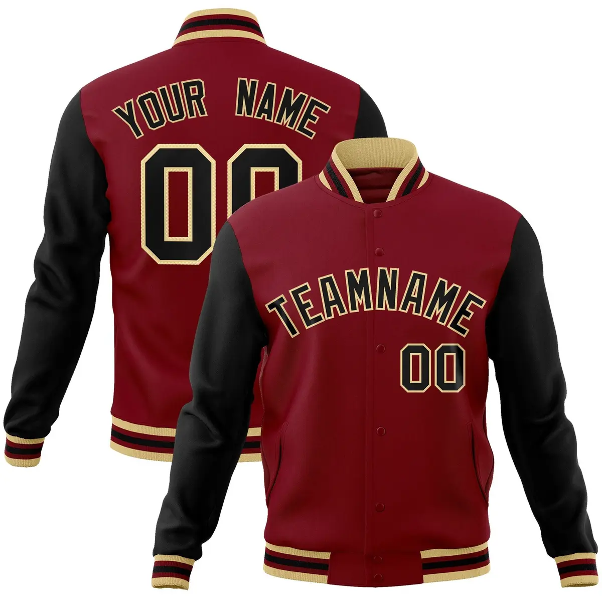 Crimson Black-Khaki Raglan Varsity Letterman Full-Snap Jacket