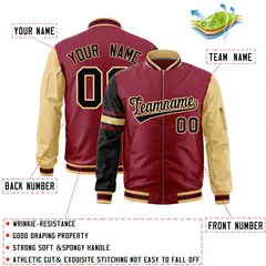 Crimson Black-Khaki Stripe Varsity Letterman Bomber Jacket 2