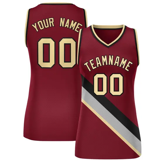Women's Crimson Black-Khaki Thick Slash Mesh Basketball Jersey