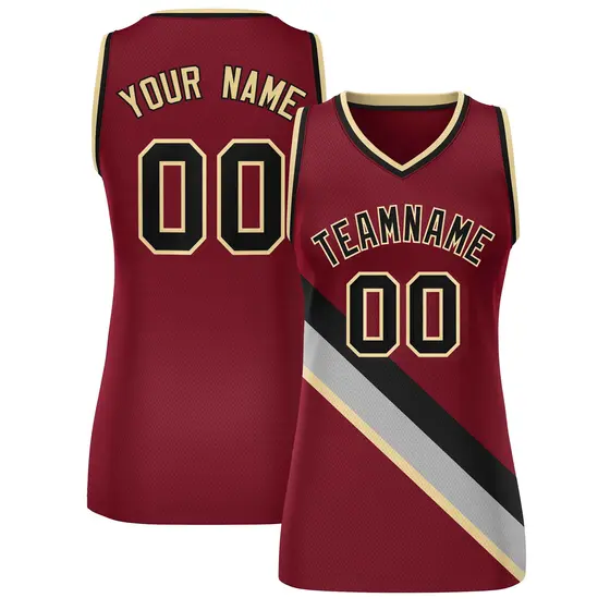Women's Crimson Black-Khaki Thick Slash Mesh Basketball Jersey
