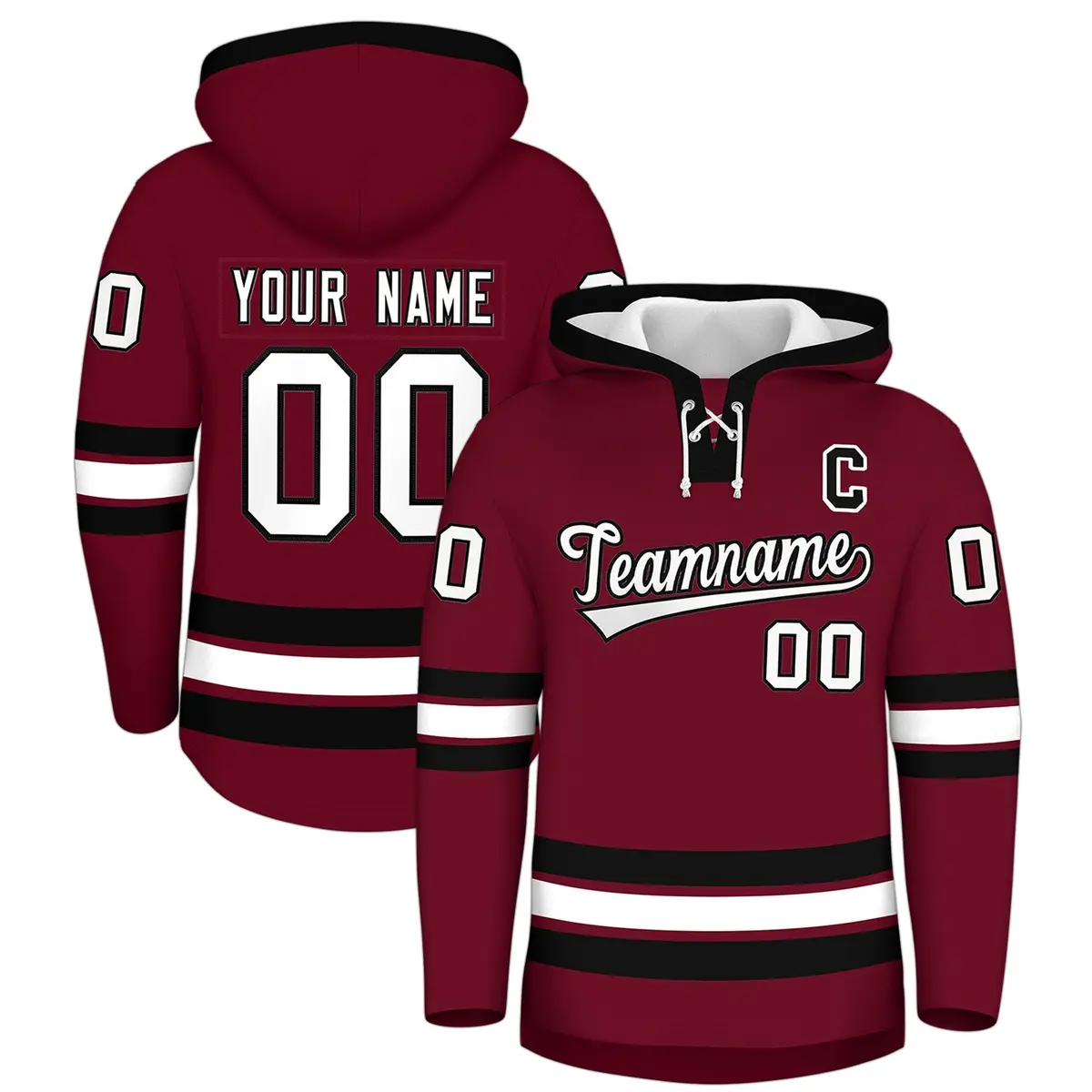 Crimson Black Lace-Up Neck Hockey Hoodie Classic Style