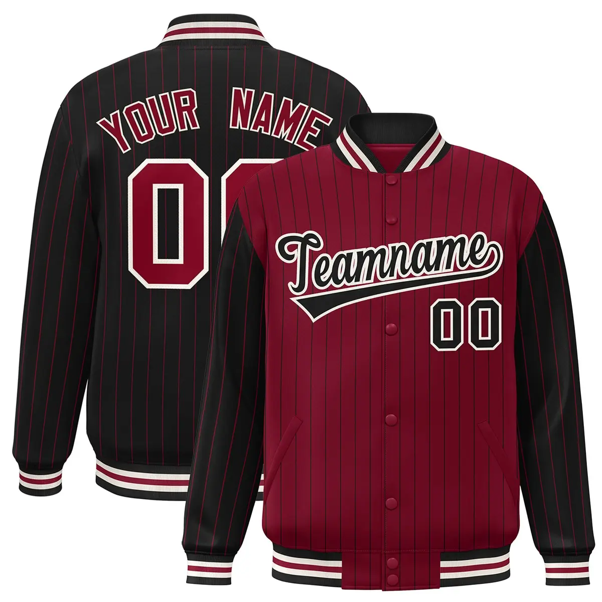 Crimson Black Pinstripe Raglan Varsity Letterman Baseball Jacket