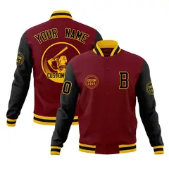 Crimson Black Raglan Full-Snap Varsity Letterman Baseball Jacket