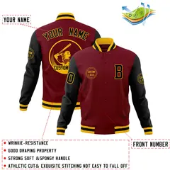 Crimson Black Raglan Full-Snap Varsity Letterman Baseball Jacket 4