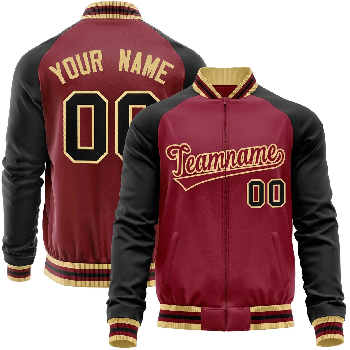 Crimson Black Raglan Full-Zip Letterman Baseball Jacket