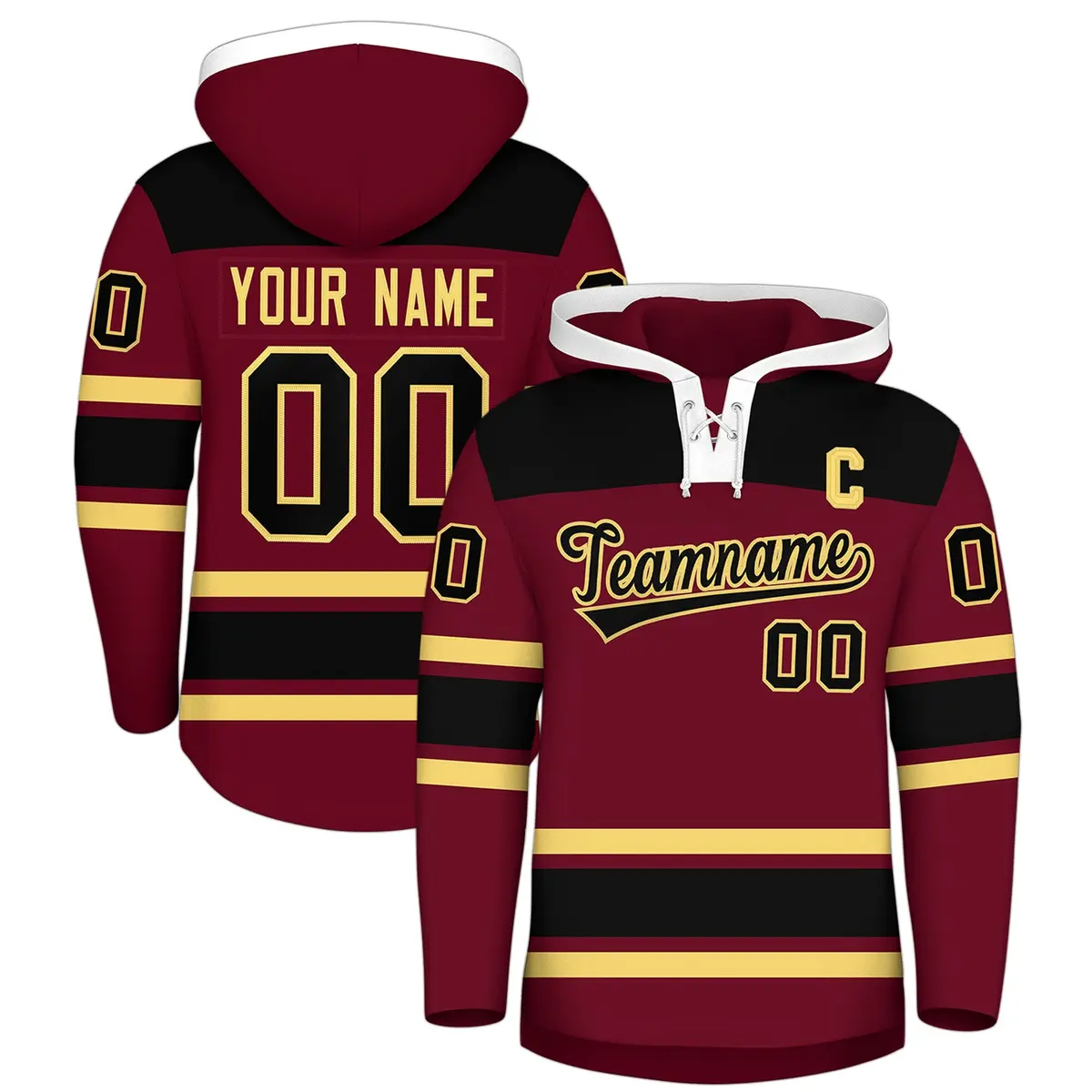 Crimson Black Raglan Lace-Up Neck Hockey Hoodie Jersey