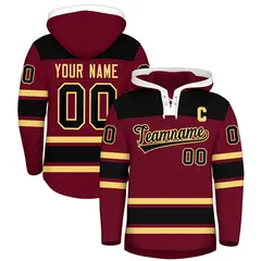 Crimson Black Raglan Lace-Up Neck Hockey Hoodie Jersey