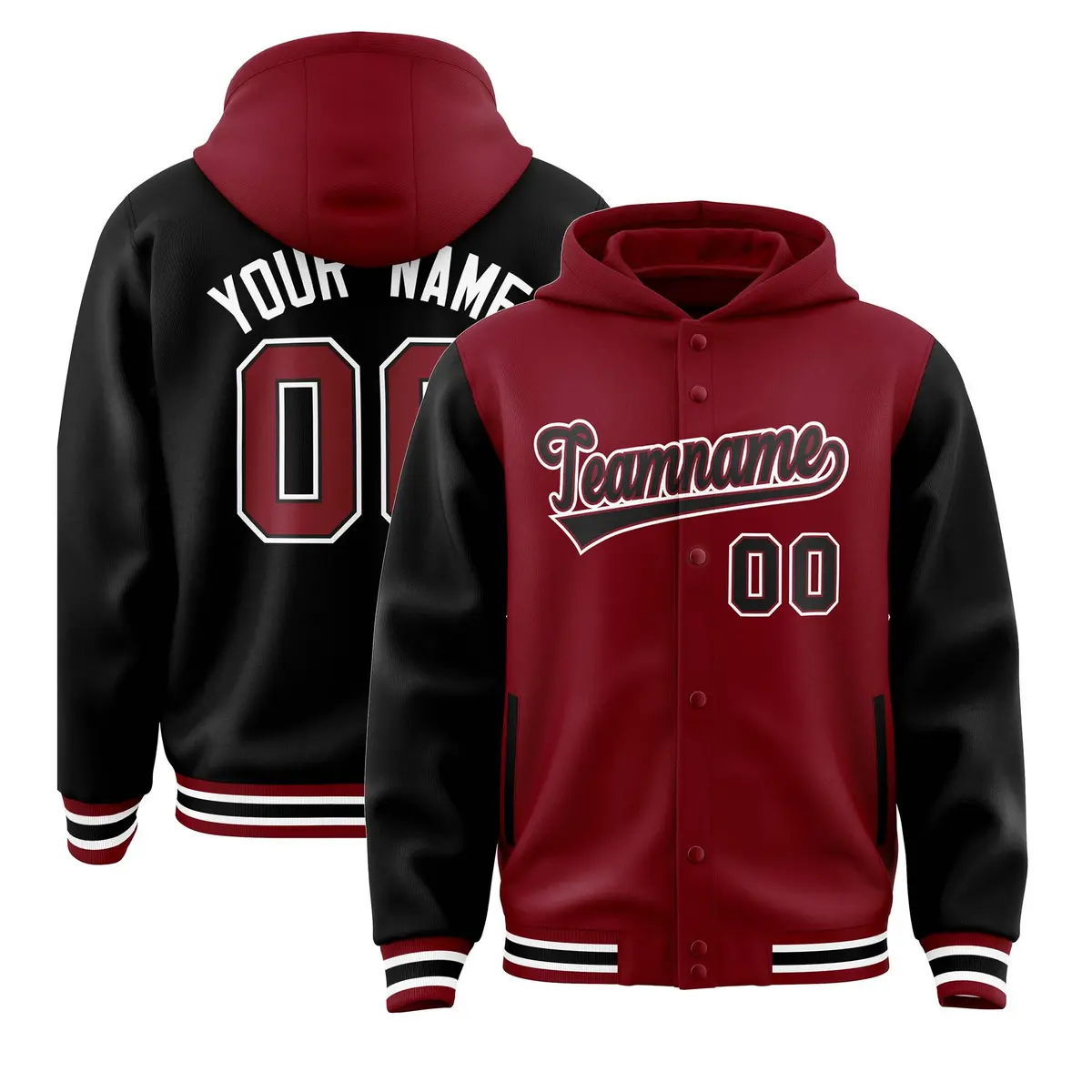 Crimson Black Raglan Two Tone Full-Snap Varsity Letterman Jacket Hoodie