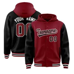 Crimson Black Raglan Two Tone Full-Snap Varsity Letterman Jacket Hoodie