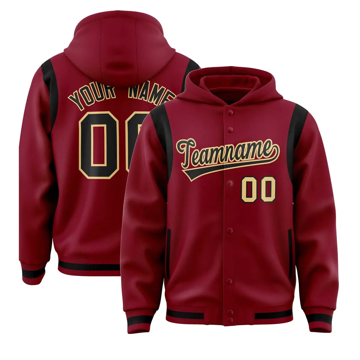 Crimson Black Shoulder Color Block Full-Snap Varsity Letterman Hoodie