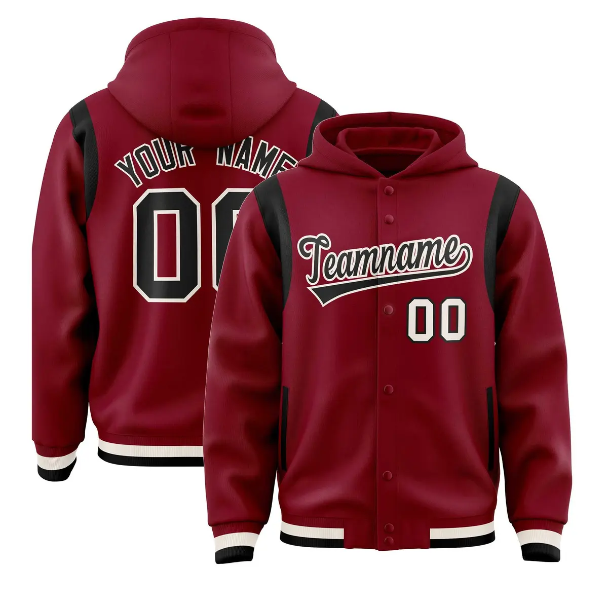 Crimson Black Shoulder Color Block Full-Snap Varsity Letterman Hoodie