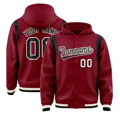 Crimson Black Shoulder Color Block Full-Snap Varsity Letterman Hoodie 1