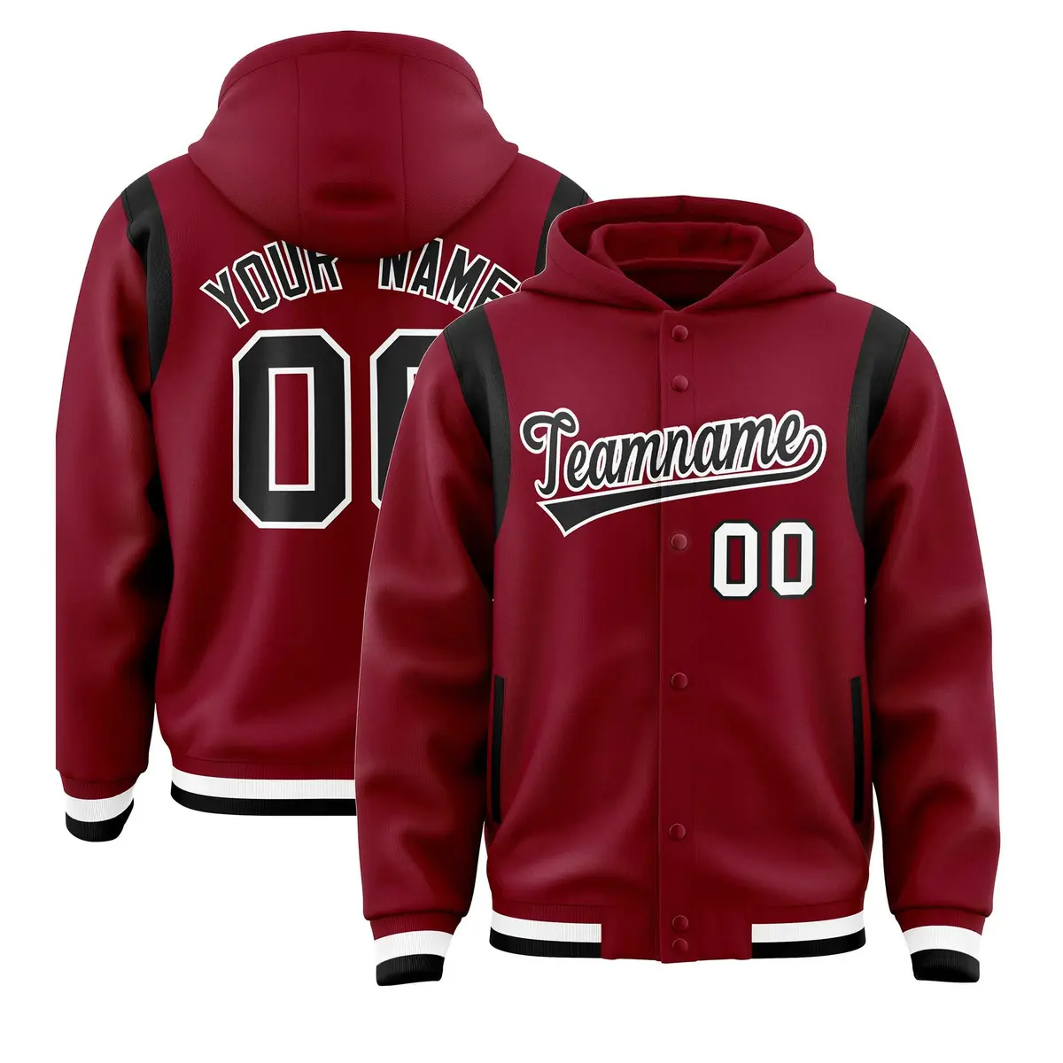Crimson Black Shoulder Color Block Full-Snap Varsity Letterman Hoodie