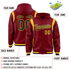 Crimson Black Shoulder Color Block Full-Snap Varsity Letterman Hoodie 4
