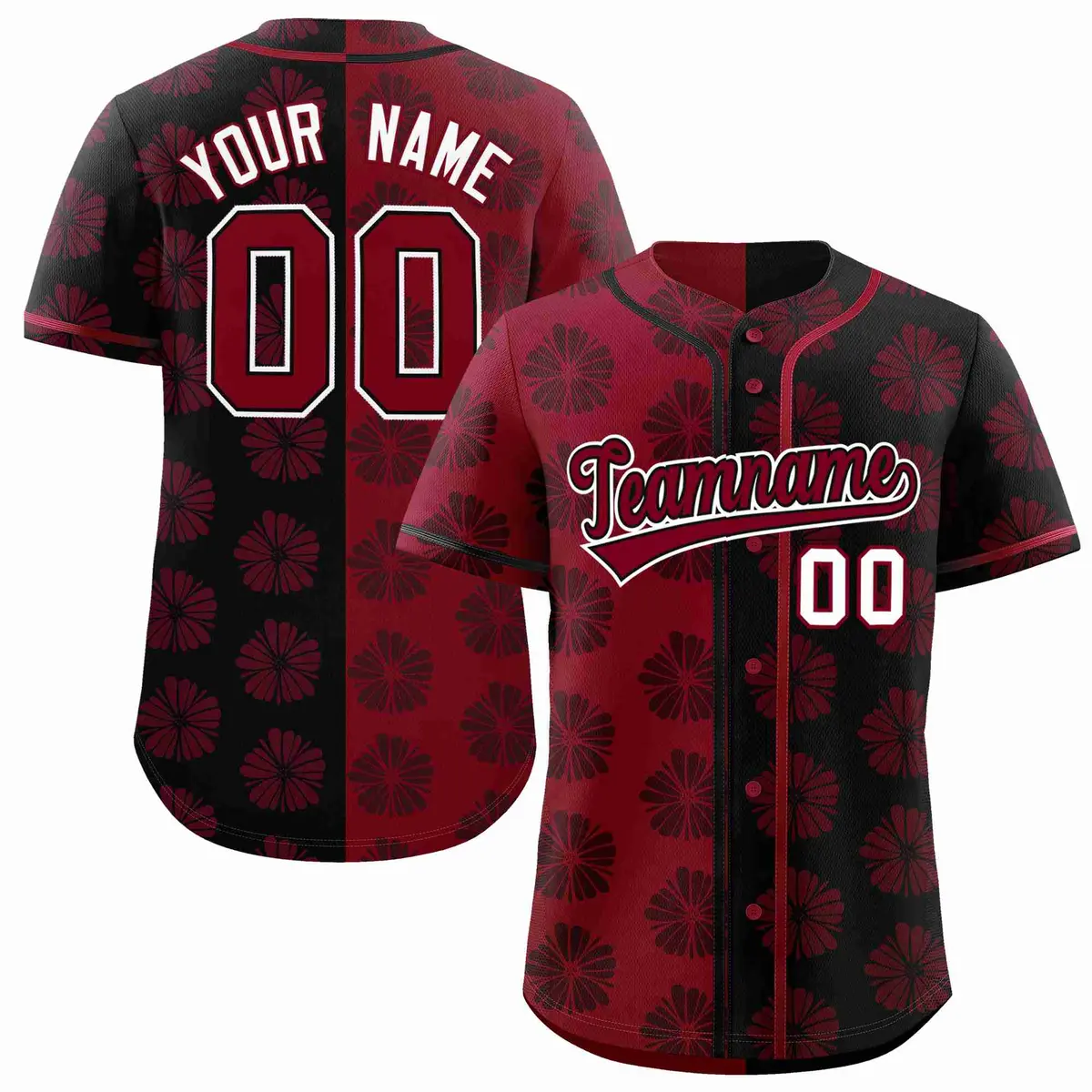 Crimson Black Split Flower Graffiti Baseball Jersey