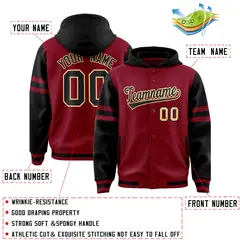 Crimson Black Three Stripes Raglan Full-Snap Varsity Letterman Hoodie 4
