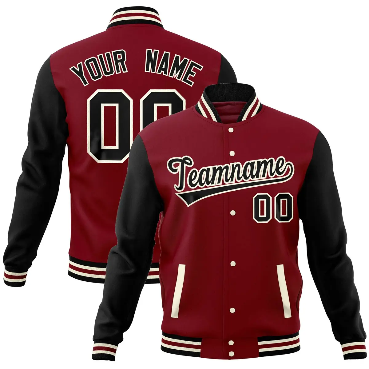 Crimson Black Varsity Raglan Sleeves Letterman Baseball Jacket