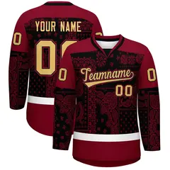 Crimson Black White Cashew Flower Graffiti V-Neck Hockey Jersey 1