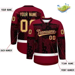 Crimson Black White Cashew Flower Graffiti V-Neck Hockey Jersey 2