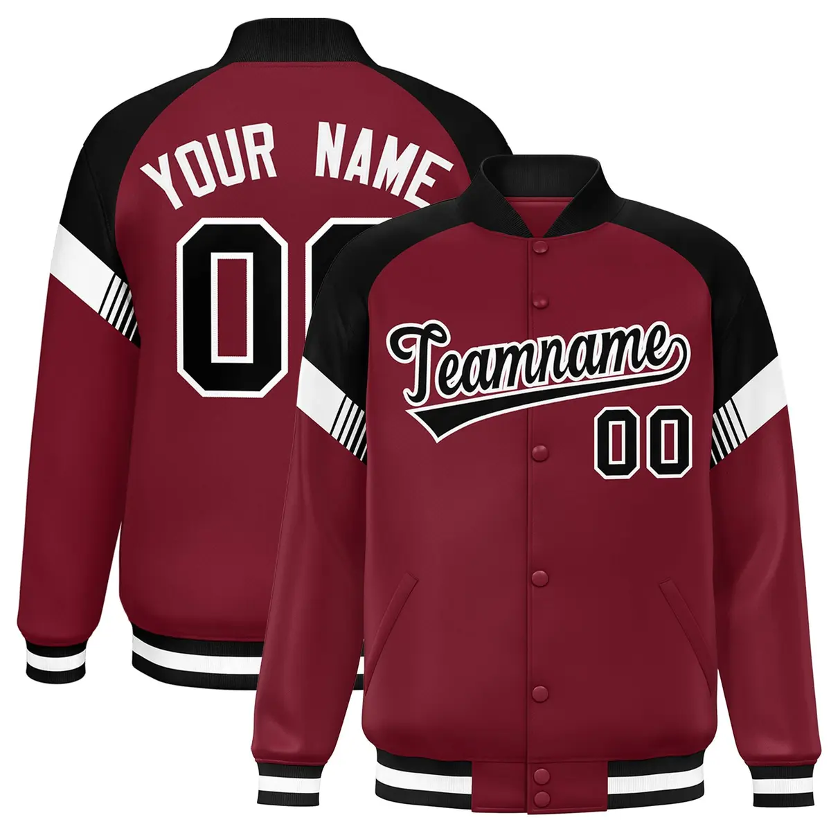 Crimson Black White Color Block Full-Snap Varsity Letterman Jacket
