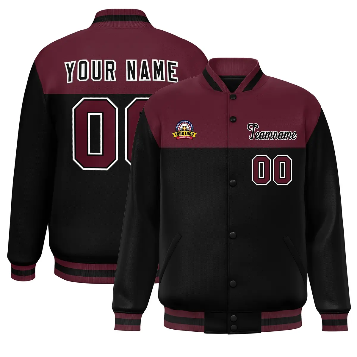 Crimson Black-White Color Block Full-Snap Varsity Letterman Jacket
