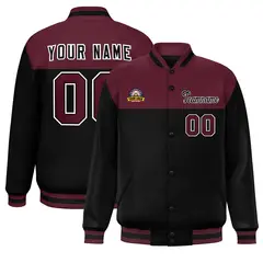 Crimson Black-White Color Block Full-Snap Varsity Letterman Jacket