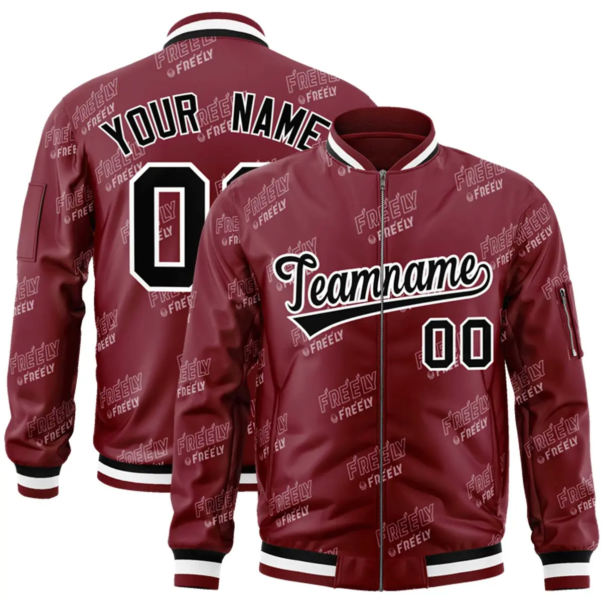 Crimson Black-White Letter Full-Zip Varsity Bomber Jacket
