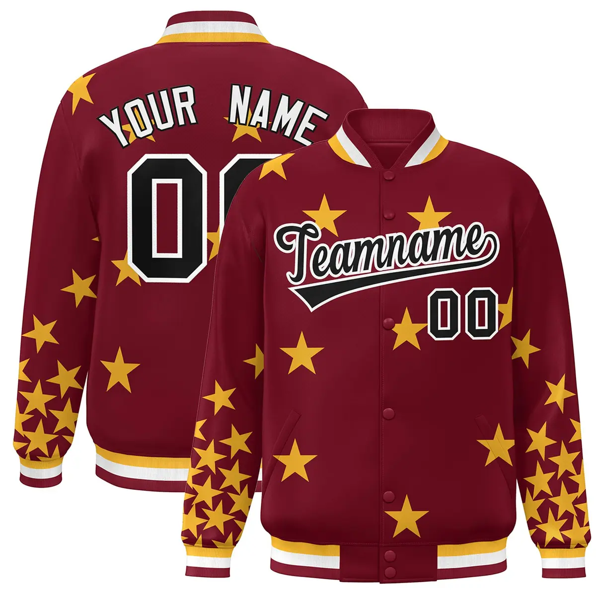 Crimson Black-White Star Graffiti Varsity Full-Snap Bomber Jacket